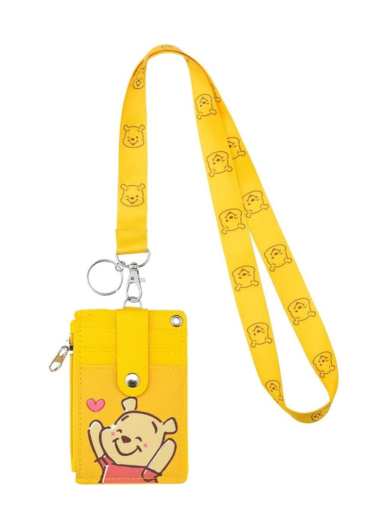 Cute ID Card Holder with Lanyard, Durable PU Leather Cartoon ID Card Holder with Zip Pocket Wallet Keychain Lanyard for Students Teenage Staff - Image 1